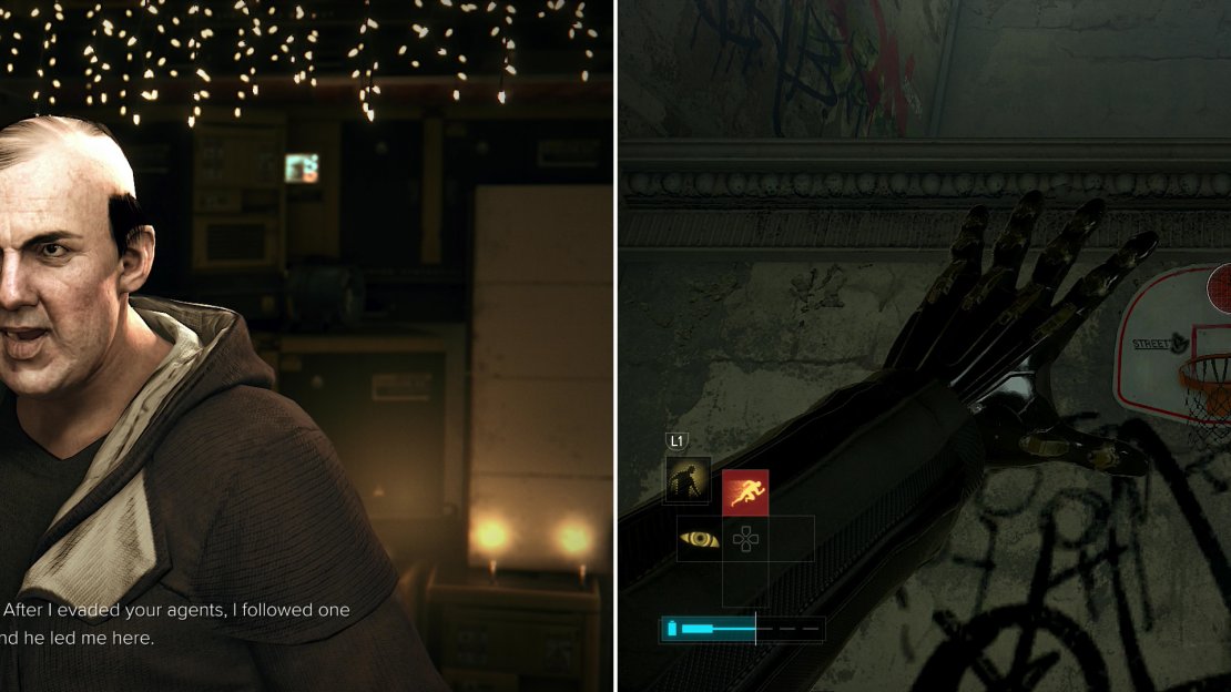 Outside of the Church of the Machinegod you’ll be pestered by Nomad Stanek (left), but nothing is so urgent that you don’t have time to play som basketball! (right)