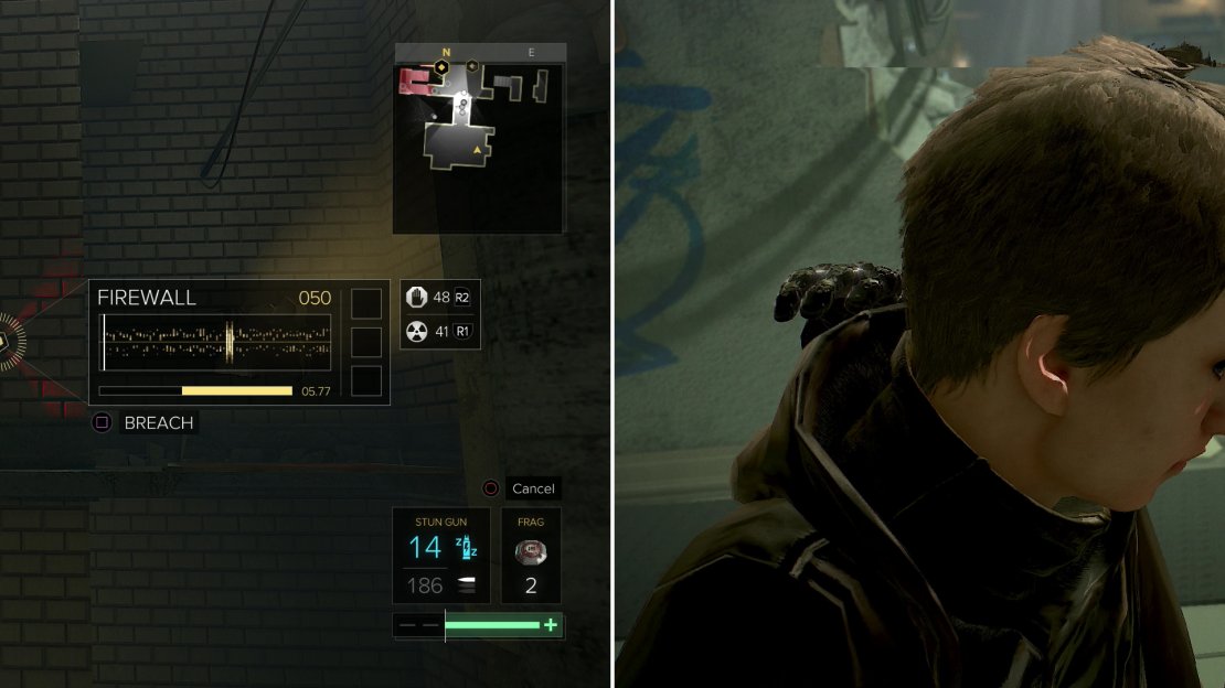 Climb some generators and Remote Hack a Frag Mine (left) then head into the upper levels of the “church” and dispatch some cultists (right).