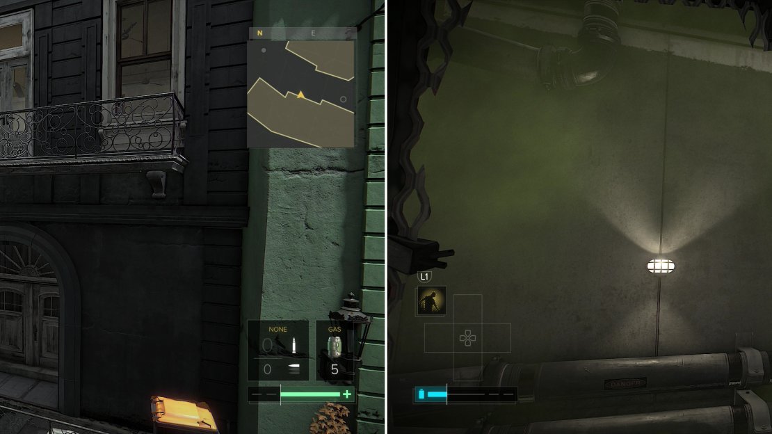 Use Remote Hacking to extend an awning, them use the awning to reach a balcony (left). Crawling through a vent will give you easy access to a valve you can use to turn off the gas (right).
