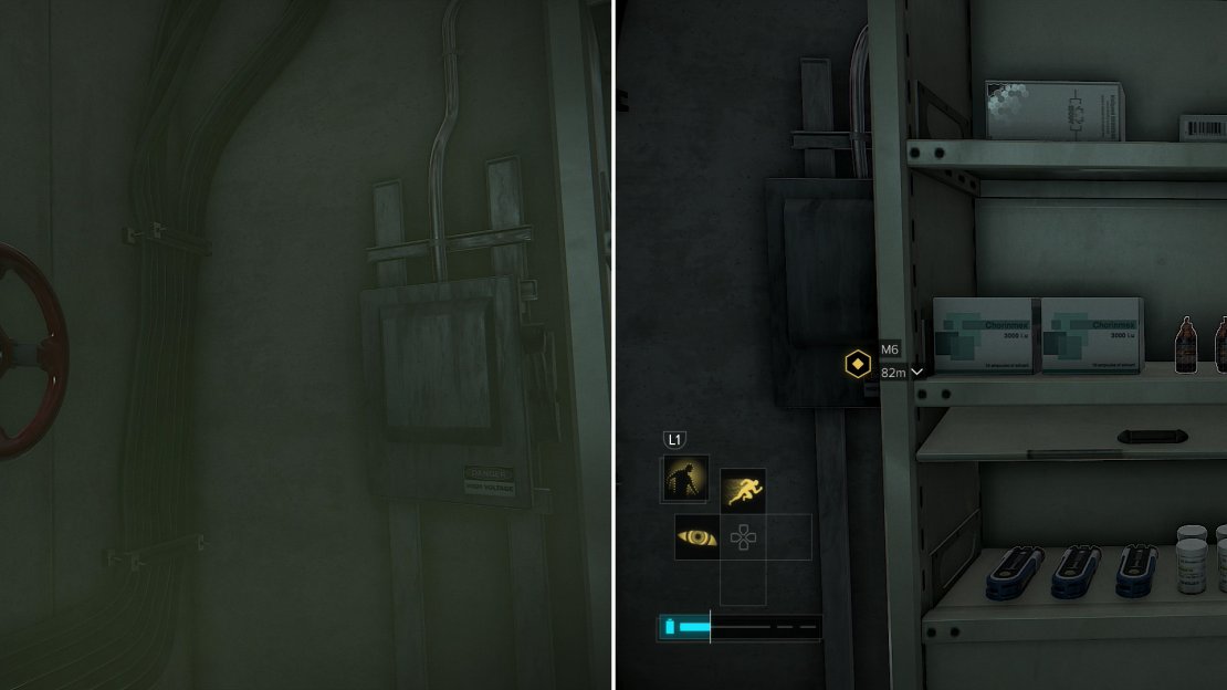 If you have the Implanted Rebreather augmentation you can climb through a vent and turn off a gas valve (left), which will allow you to score a great deal of valuable loot at your leisure (right).