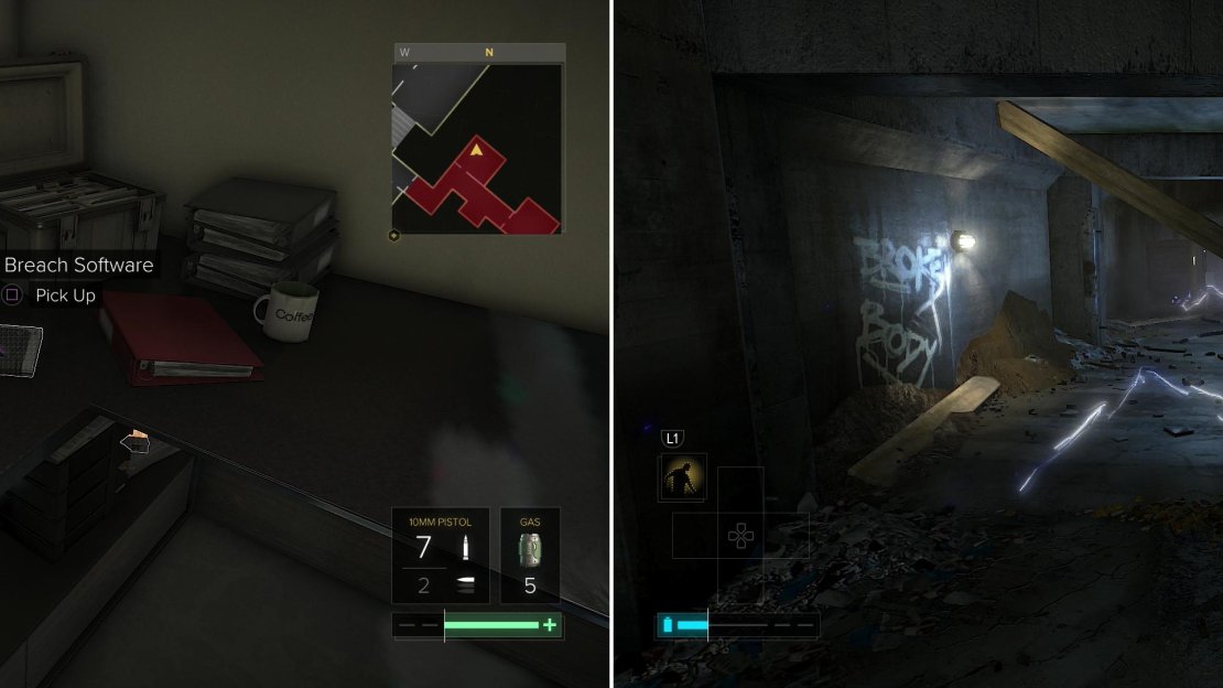 Grab some Breach Software from the security office in Pilgrim Station (left) then run through some electricity in the sewers below the station (right).