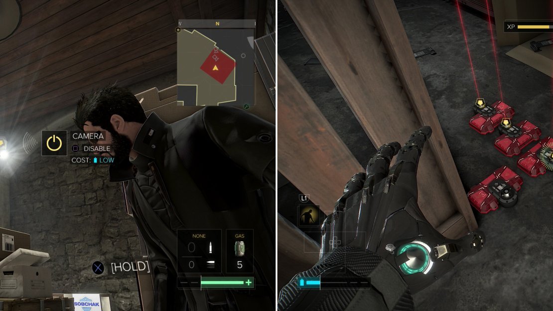 In the basement of Sobchak Security you’ll need to hide from a security camera (left) and disable some Frag Lasers (right).