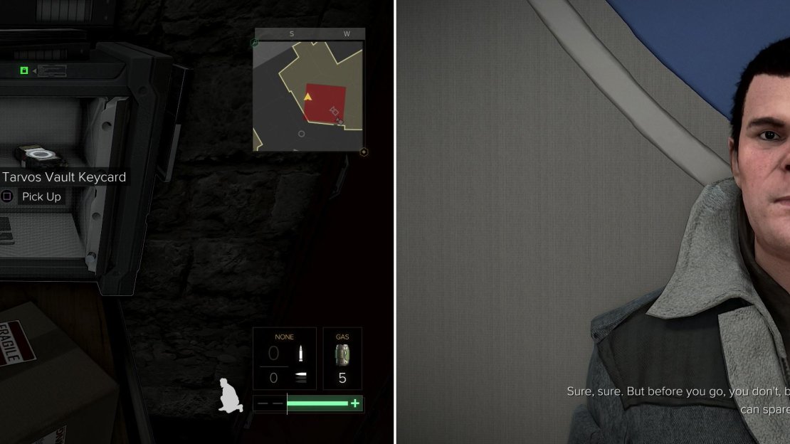 Get past these defenses and you’ll be able to score the Tarvos Vault Keycard from a safe (left). Give the clerk upstairs some Neuropozyne and he’ll offer to sell you some crafting parts (right).