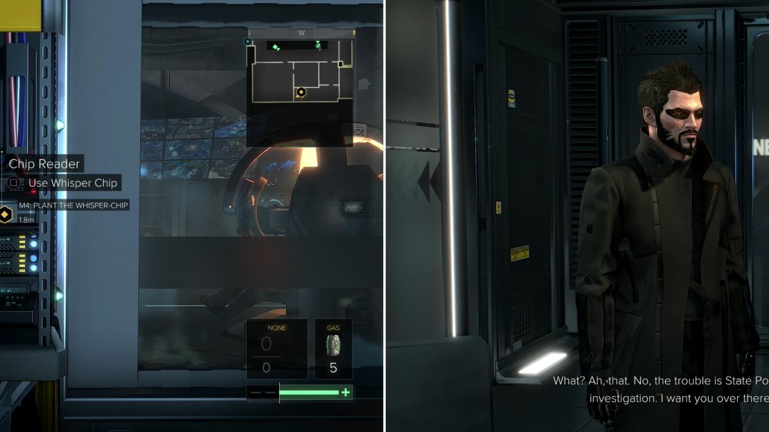 Sneak over to the NSN Server and plant Alex’s Whisper Chip (left), then go meet Miller, who will give you your next assignment (right).