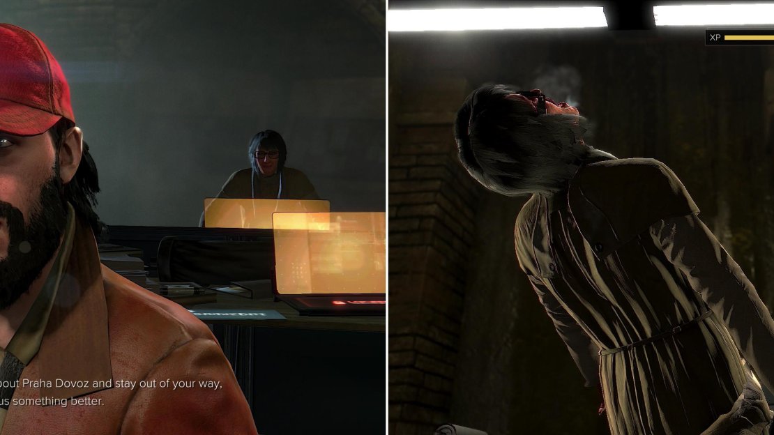 Find Samizdat in the sewers and he’ll offer you a way to buy his silence (left). Either agree to help them out, or ensure they keep quiet… (right).