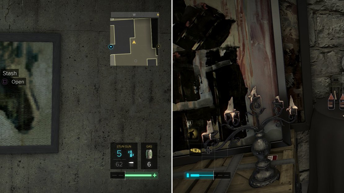 Move a painting to reveal a button (left) which opens up the way to a secret stash (right).