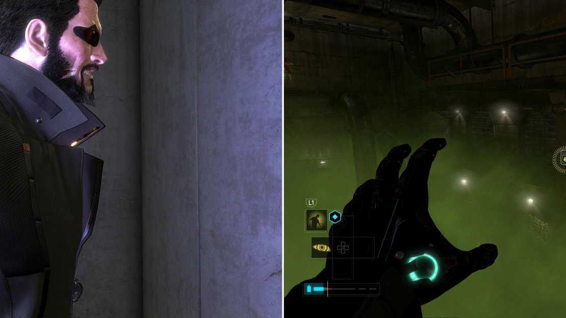 Smash through a weak section of wall to escape the Palisade Property Bank (left), then use Remote Hacking to cleanse a gas-filled chamber you must pass through to escape (right).