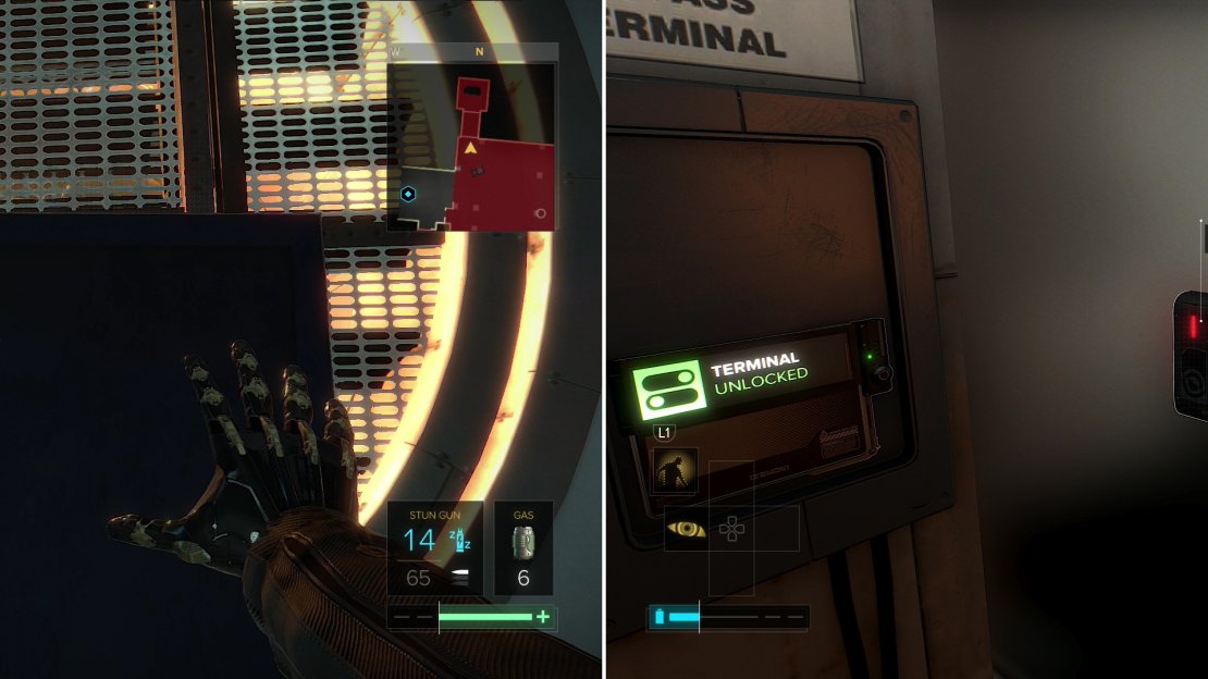 There are many ways to bypass the fan in the air vent, but the crudest is arguably just shoving a dumpster in there and breaking the fan blades (left). With the Keycards you’ve found so far you can access two corporate vaults (right).