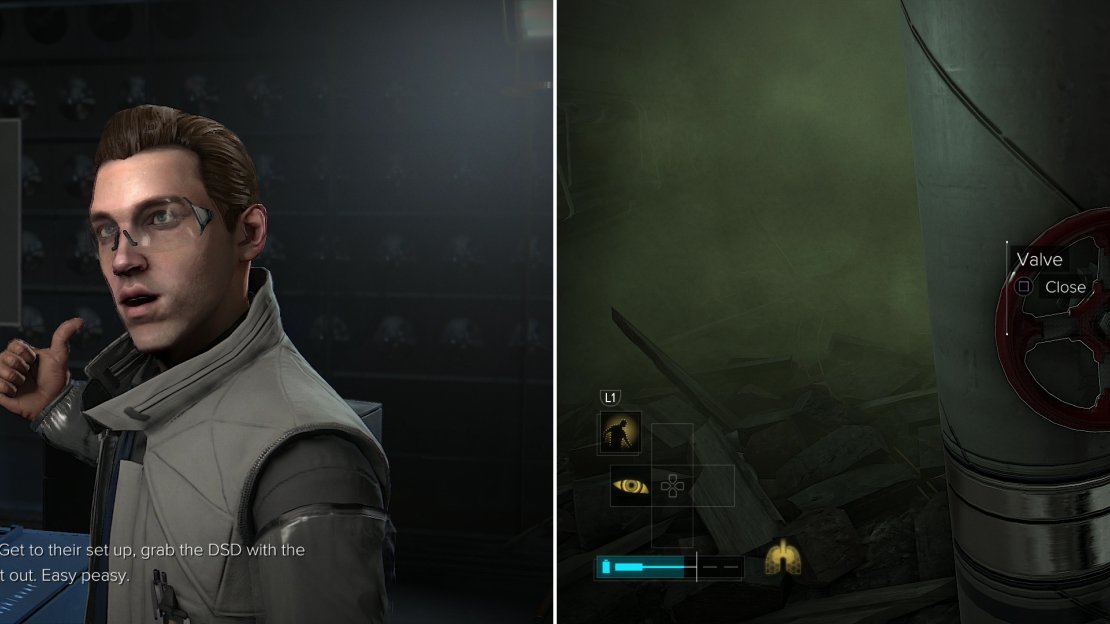 When you reach the Ruzicka Station, Smiley will ask you to recover the DSD (left). If you have the Implanted Rebreather augmentation, you’ll be able to sneak through a duct and maintenance tunnel and turn a valve to cut the gas (right).