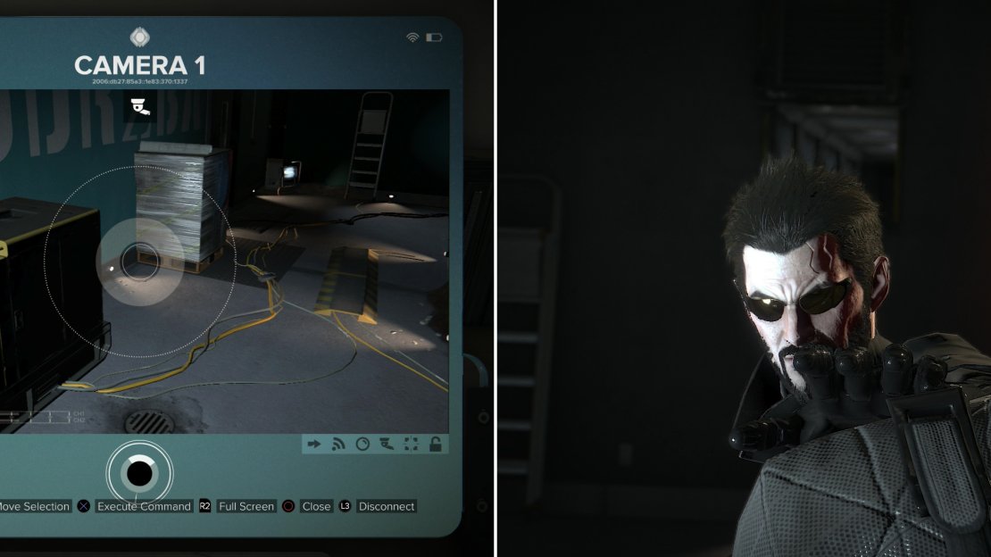 Sneak into a room with a security computer, hack it, and disable the security (left), then take out a patrolling guard (right).