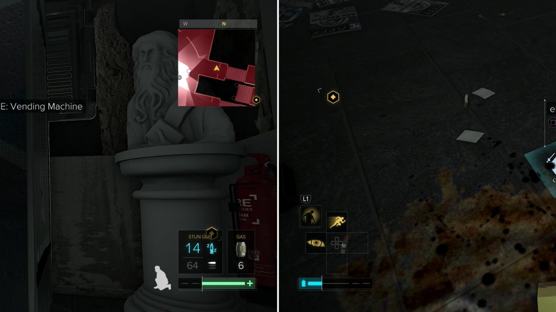 Sneak past a variety of cops and move a vending machine to reveal a vent (left). Crawl through the vent to reach a Bookstore to find an eBook off the floor near a chalk outline (right).