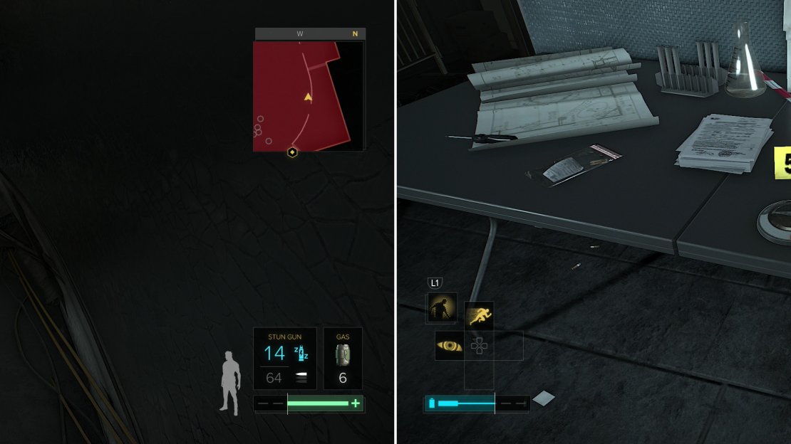 Creep across a ledge above the Main Hall to bypass the cops below (left) to reach the room where the DSD is stored (right).