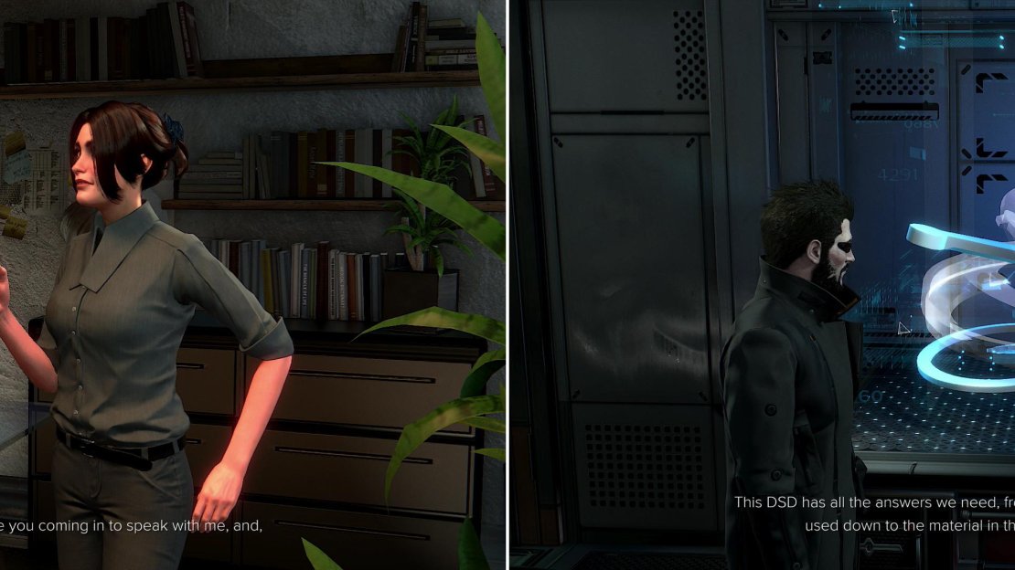 Meet with Dr. Auzenne and endure her phony “science” (left), then talk to Smiley about the DSD you recovered (right).