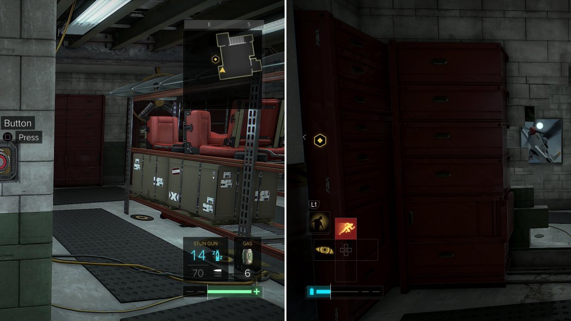 Move a painting to reveal a button (left) which will open up a secret chamber when pressed (right).