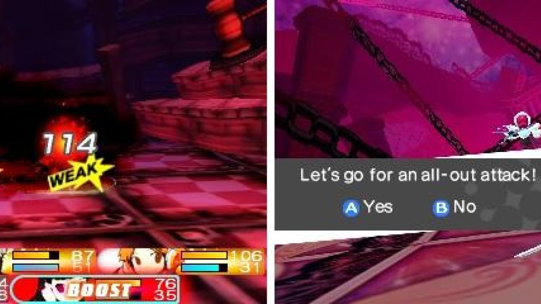 Hitting an enemy’s weakness will put you into Boost mode (left). If enough characters are in Boost mode, then you can initiate an All-Out Attack at the end of a round (right).