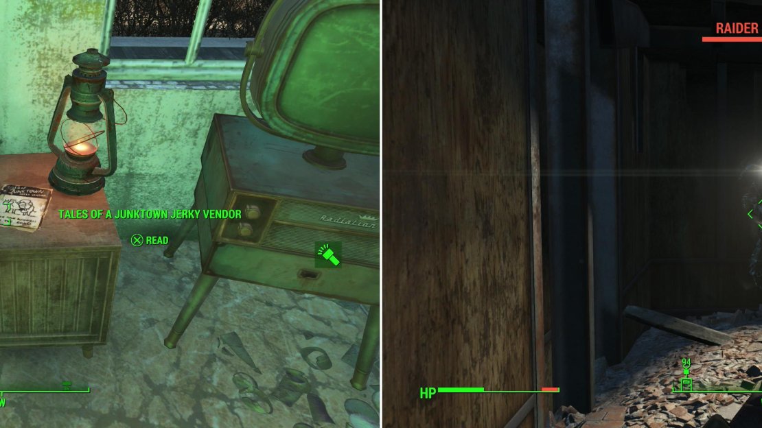 Find a copy of Tales of a Junktown Jerky Vendor in the Mystic Pines building (left). As you explore Lexington, be wary of dangerous Raiders in Power Armor (right).