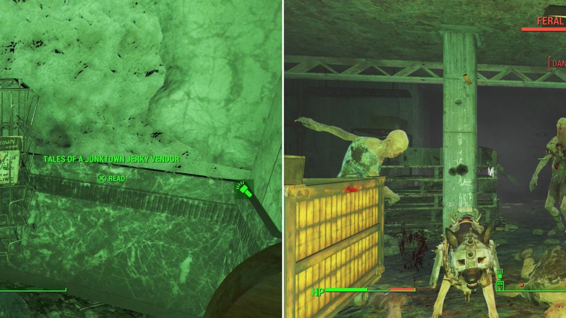 In Super-Duper Mart you’ll find another issue of Tales of a Junktown Jerky Vendor on a magazine stand. Where else? (left). You’ll also find plenty of Feral Ghouls prowling in the ruins of the super store (right).