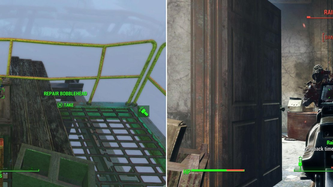 Ascend to the metal walkways above the Corvega Assembly Plant to find the Repair Bobblehead (left). Of course, there’s a horde of Raider around and within you’ll have to deal with to get there (right).