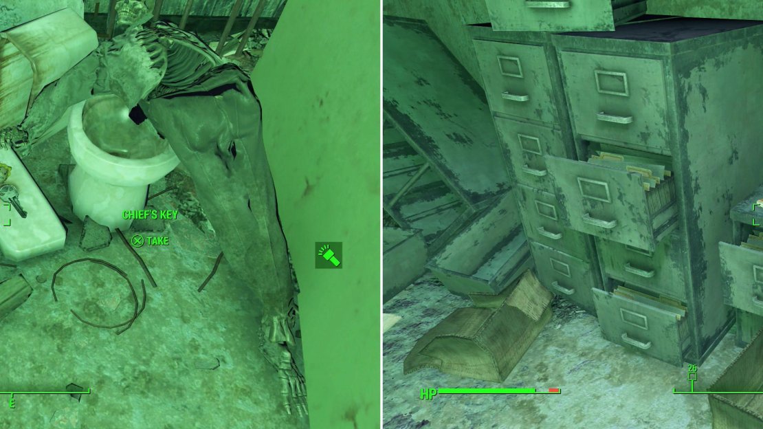 There are two intersting things to find in the BADTFL Regional Office; the Chief’s Key (left) which will make getting around easier, and the Eddie Winter Holotape 0 (right).