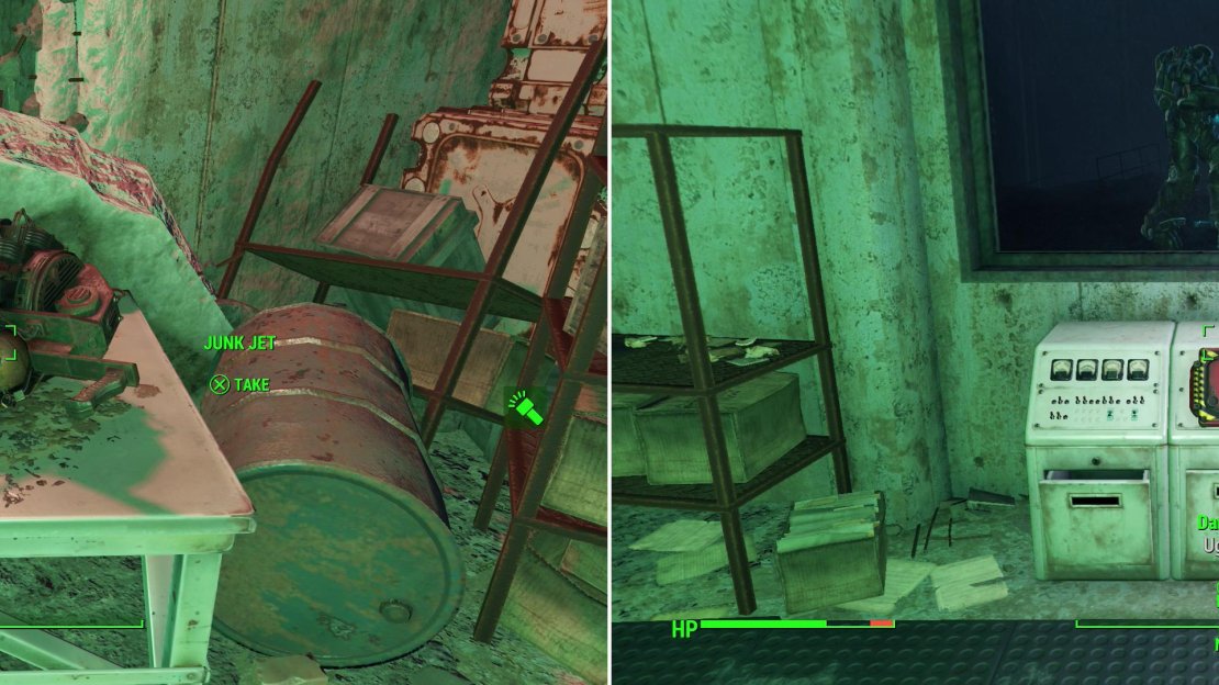 In the ArcJet Engine Core area you’ll find the odd Junk Jet weapon (left). As Danse struggles against a host of Synths, provide some dubious aid to him by firing up the dormant rocket (right).