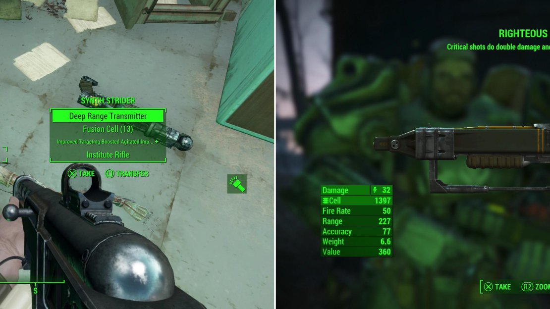 Kill the leader of the Synths to obtain the Deep Range Transmitter (left). After your efforts, Danse will reward you well for your services with the unique Laser Rifle, Righteous Authority (right).