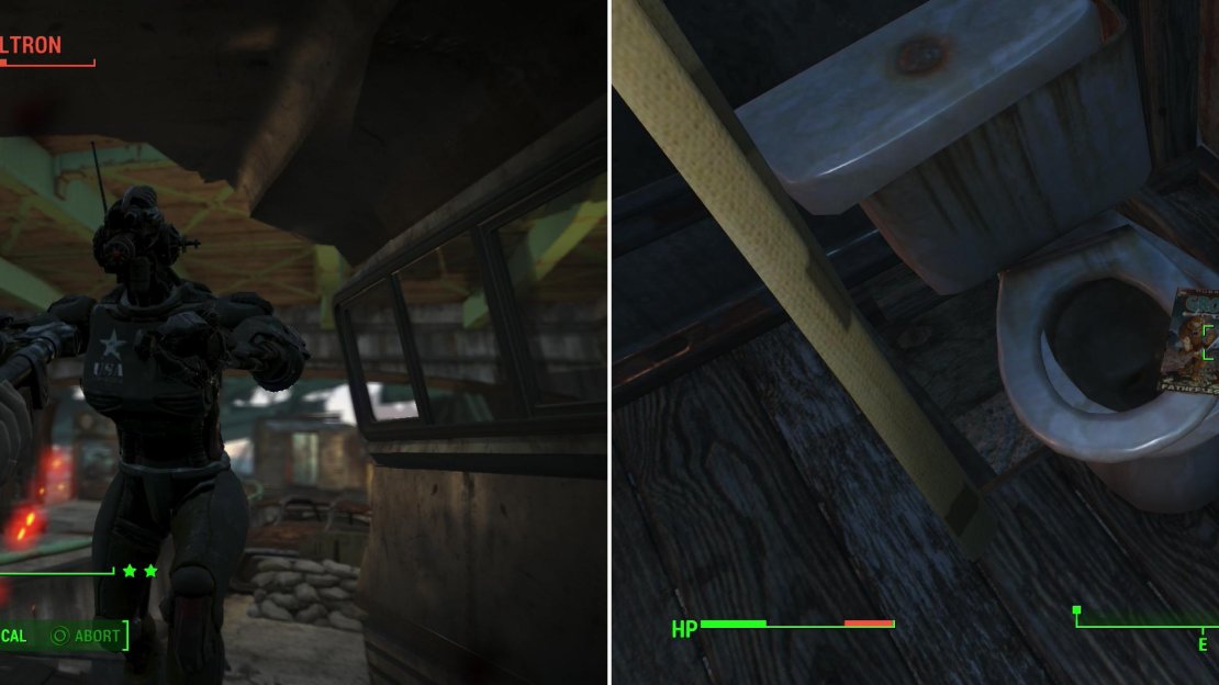 Be wary on the elevated highway, as the Gunners here have an Assaultron (left). Once the Gunners have been defeated, grab a poorly placed issue of Grognak the Barbarian (right).