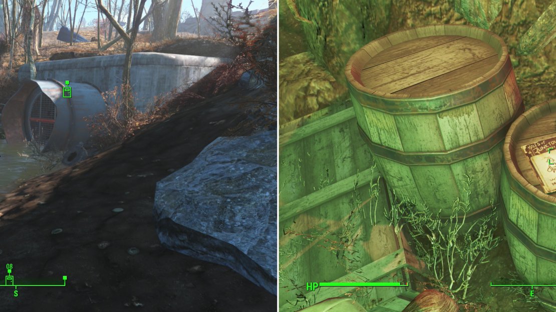 Find a drainage pipe near Walden Pond (left) which leads to a Raider Den. Inside you’ll find a Tale of a Junktown Jerky Vendor magazine (right).