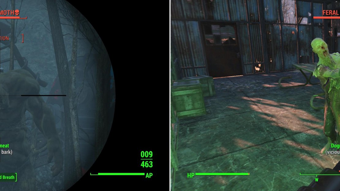 Near Walden Pond you’ll find a Super Mutant Behemoth lurking around (left). Clear Sunset Tidings Co-op to claim the location as a settlement (right).