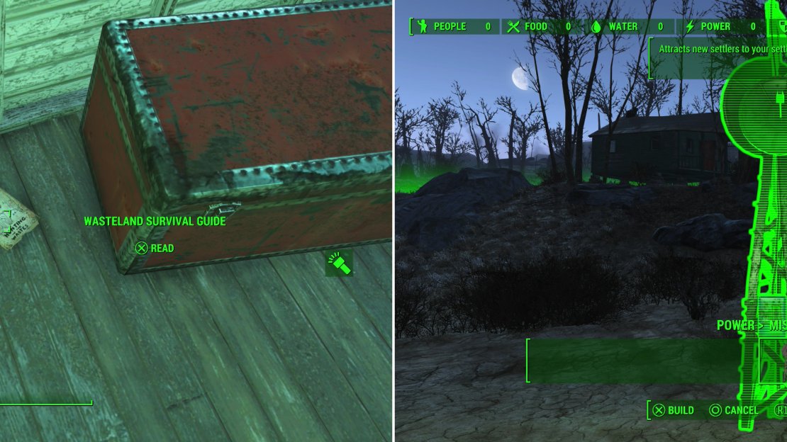 At Sunset Tidings Co-op you’ll find an issue of the Wasteland Survival Guide (left). With ample space and plenty of ready-made structures, Sunset Tidings Co-op is a fine settlement to quickly develop. It just needs you to build some creature comforts and lure in settlers with a Recruitment Radio Beacon (right).