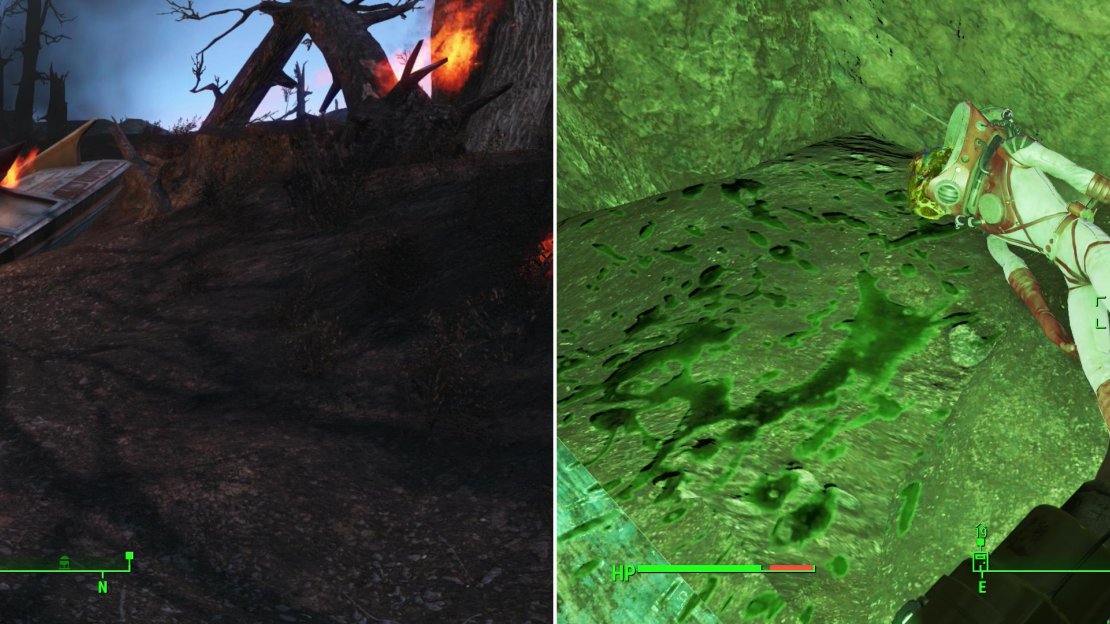 Follow the “Garbled Radio Beacon” to find a crashed alien ship (left) then track some green blood to a nearby cave to find a hostile Alien. Kill it and claim its might Alien Blaster (right).