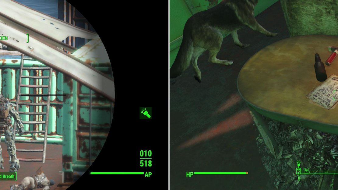 A dangerous Raider in Power Armor leads the Raiders who occupy the Wreck of the USS Riptide (left). If you can fight your way through them, you’ll be able to claim a Wasteland Survival Guide (right).