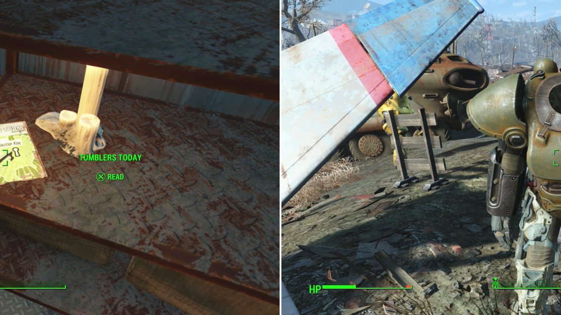 Inside the ruins of the Poseiden Energy Turbine #18-F building you can find a copy of Tumblers Today (left). Nearby, on a hill, you’ll find an abandoned suit of Power Armor. Score! (right).