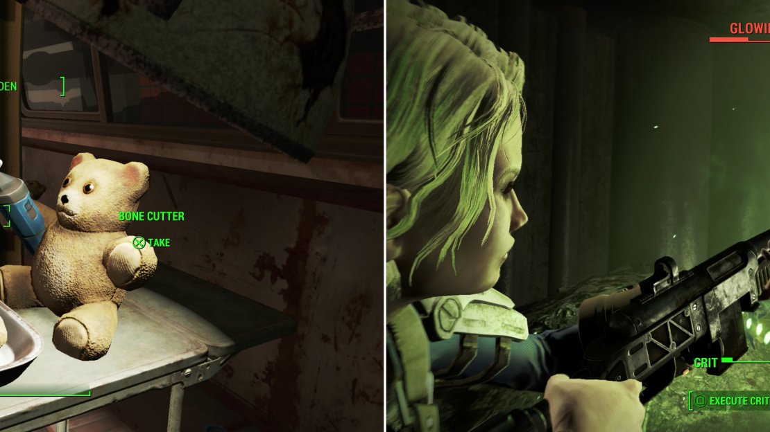Something tells me this Teddy Bear isn’t a real doctor (left). There are plenty of Feral Ghouls in the tunnels, but the most dangerous of them is a Glowing One: radiation personified (right).