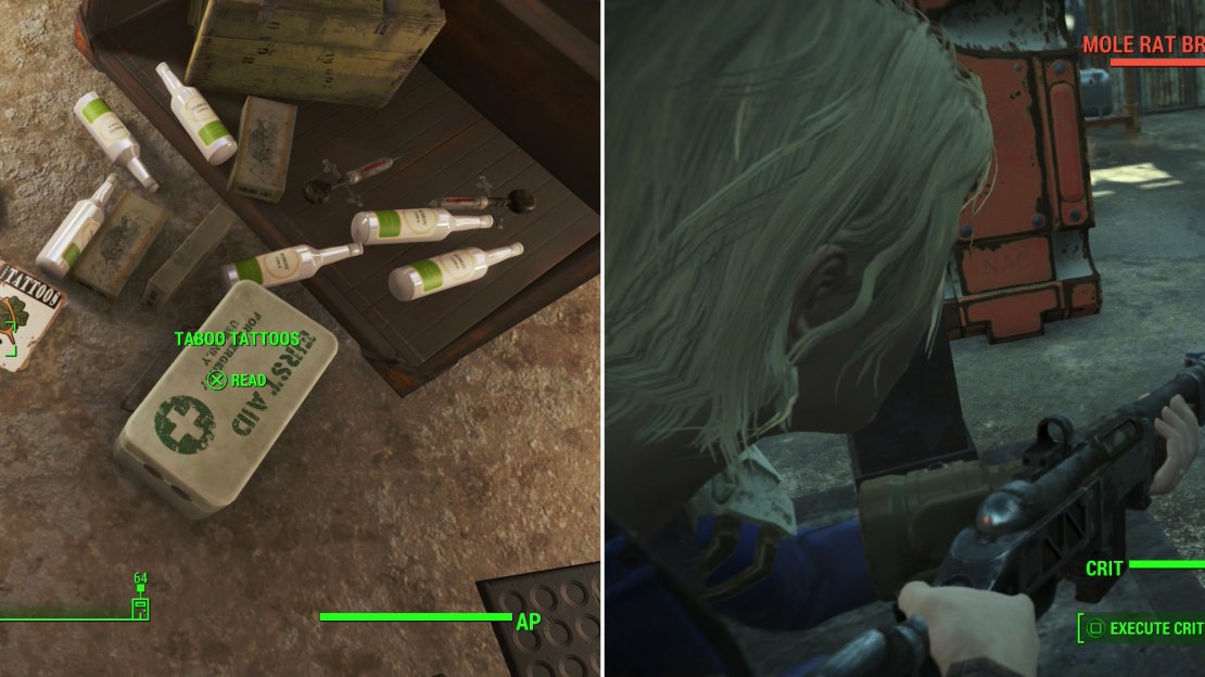 In the tunnels you can find a copy of Taboo Tattoos (left). Surface at the Boston Police Rationing Site and take care of the Mole Rat infestation here (right).