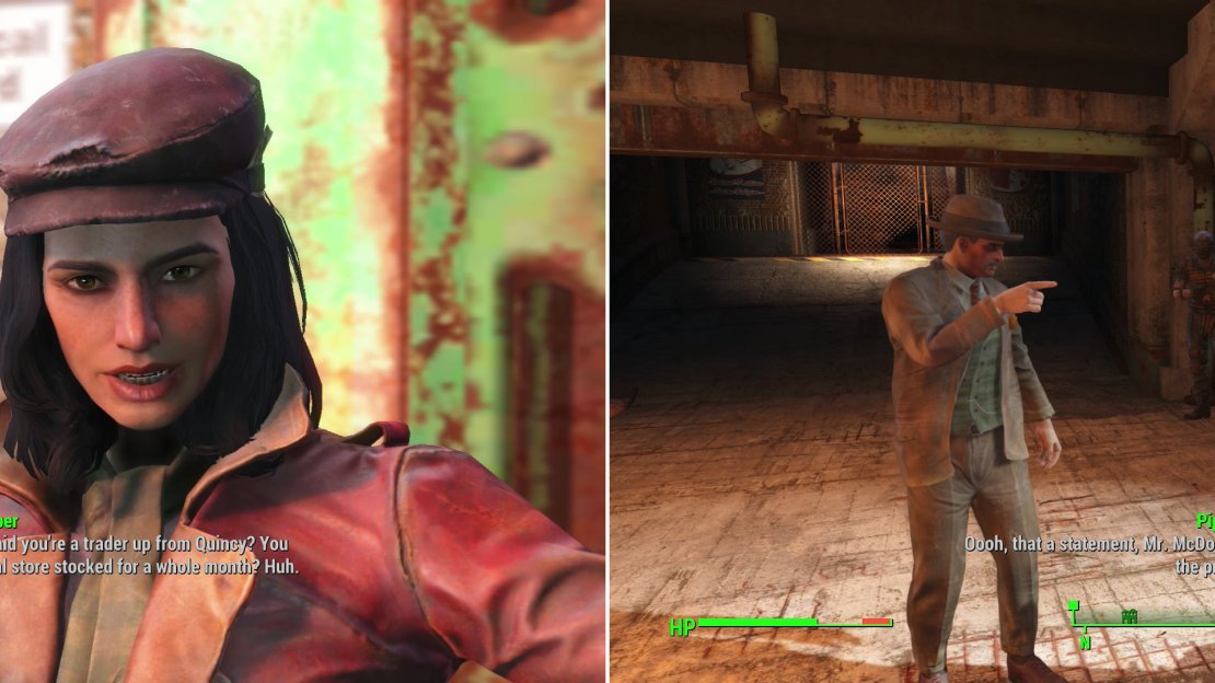Outside of Diamond City you’ll find Piper, a colorful character who opportunistcally uses you to get back home (left). Shortly thereafter you’ll witness her and the mayor express… a difference in opinion on free speech (right).