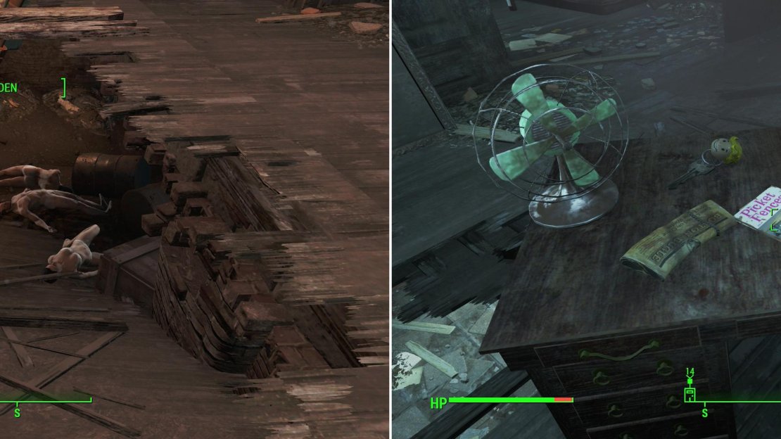All those dead bodies… this place is probably legit, right? (left) Fight your way through the Raiders to find a copy of Picket Fences (right).