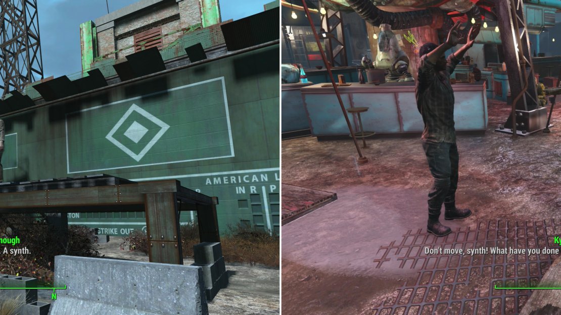 The mayor gives an impassioned speech declaring he’s not a Synth (left) and you’ll witness other unfortunate incidents of Snyth hysteria while you explore Diamond City (right).