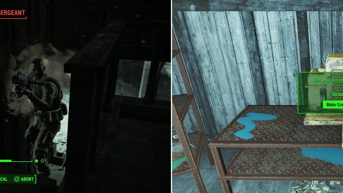Return to Hardware Town to find the Raiders replaced with Gunner (left). Once they’re dead, take some yellow and blue paint and mix up another coat of paint for the green monster (right).