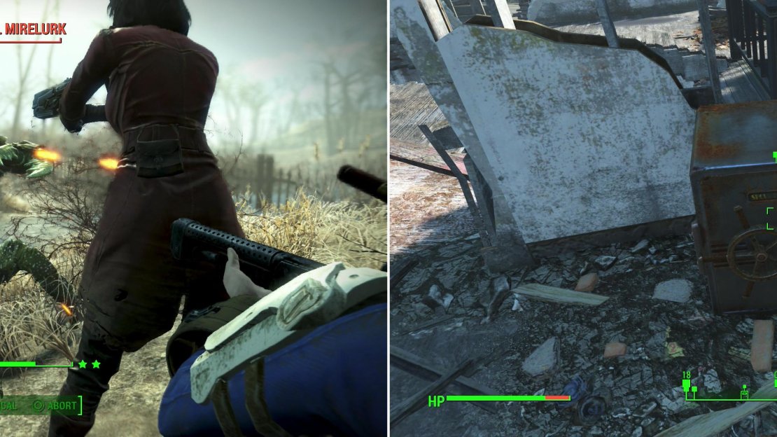 Water usually means Mirelurks, and so it proves true again at submerged Westing Estate (left). Once the Mirelurks have been disposed of, loot the site for whatever baseball memorabilia you can find (right).