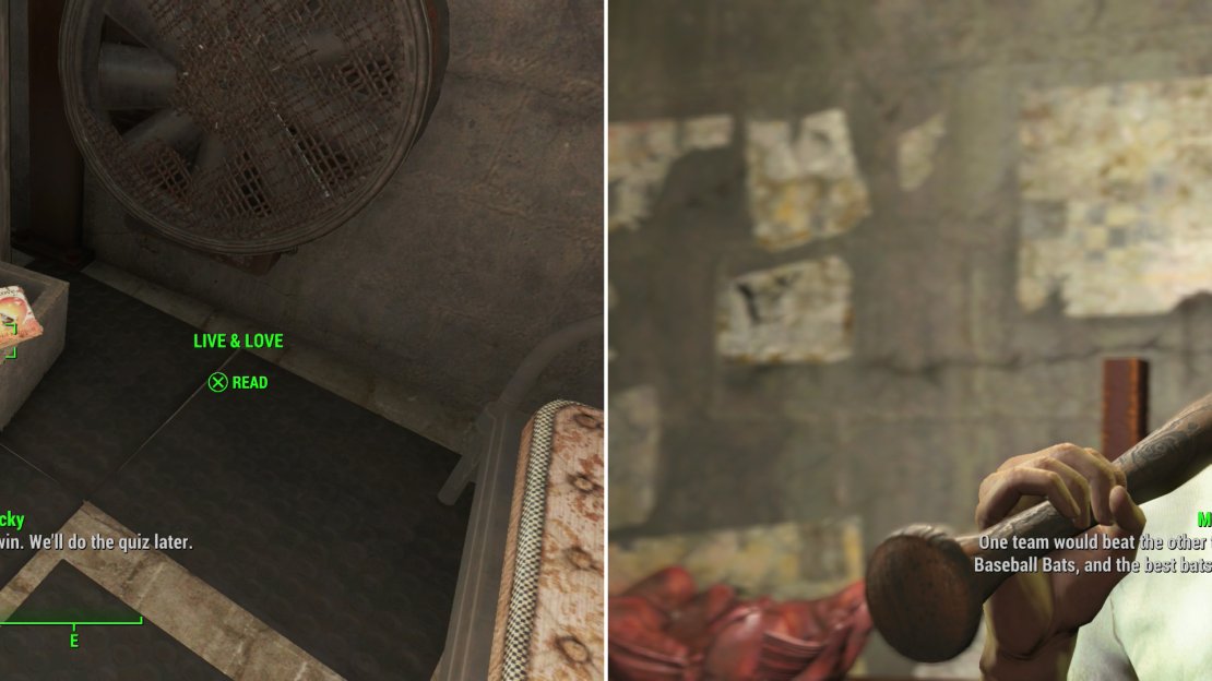 Grab the Live & Love magazine from the Schoolhouse to obtain one of the rare bits of notable loot in Diamond City (left). Moe has some… odd thoughts on how baseball was played. Probably would be a more interesting sport that way, though. (right).