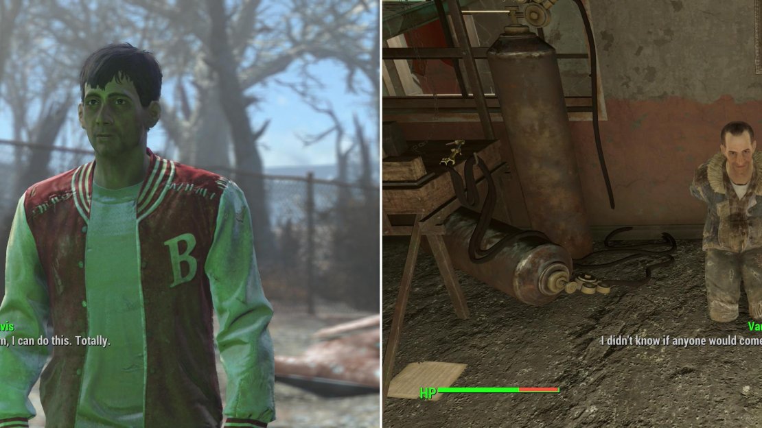 Give Travis a pep-talk outside of Bean Town Brewery (left) then head inside and kill the Raiders inside to free Vadim (right).