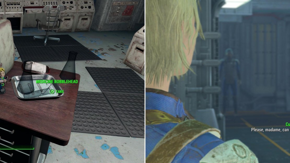 Claim the Medicine Bobblehead from the lab in which Curie was confined (left) then, after delivering the cure (or the bad news) Curie will ask to travel with you (right).
