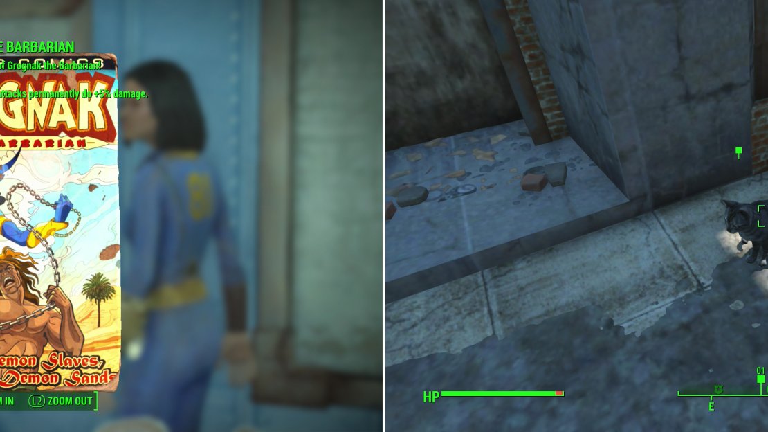 Tell the kids a story at the behest of their teacher, Katy, and you’ll get a Grognak the Barbarian comic as a reward (left). Head outside Vault 81 to find the missing kitty, Ashes (right).