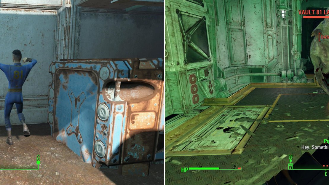 Bobby will perform a magic dance and summon a door to the seal parts of Vault 81 (left). If these diseased Mole Rats bite you, you’ll become infected, suffering a permanent damage to your maximum health (right).