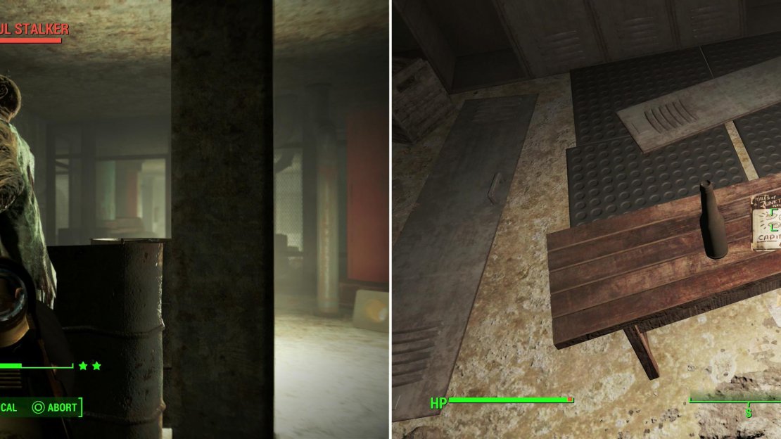 Unleash a dormant Protectron to lure some lurking Feral Ghouls out into the open (left). When the ghoulies are dead, grab a copy of Tales of a Junktown Jerky Vendor off a bench (right).