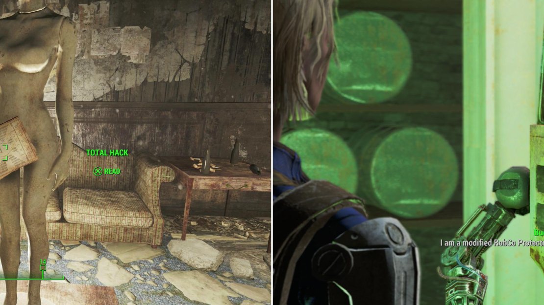 This mannequin is practicing some modesty with an issue of Total Hack (left). Drinking Buddy is a modified Protectron/mobile brewing unit (right).