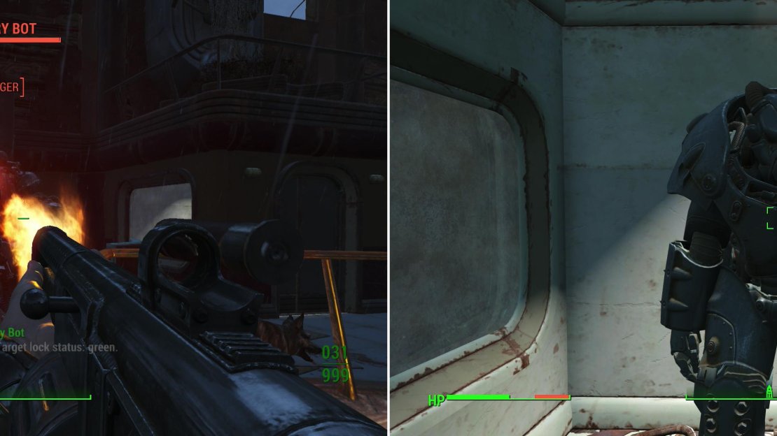 When you arrive on the top (extant) floor of the 35 Court building you’ll be attacked by a Sentry Bot and an Assaultron (left). Defeat them both and you can claim a suit of leveled Power Armor as your prize (right).