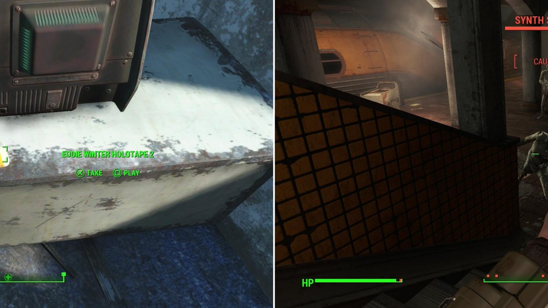 Grab the Eddie Winter Holotape 2 off a desk in the police station (left). In the Malden Center Station you’ll find a squad of Synths fighting the Raiders dwelling here (right).