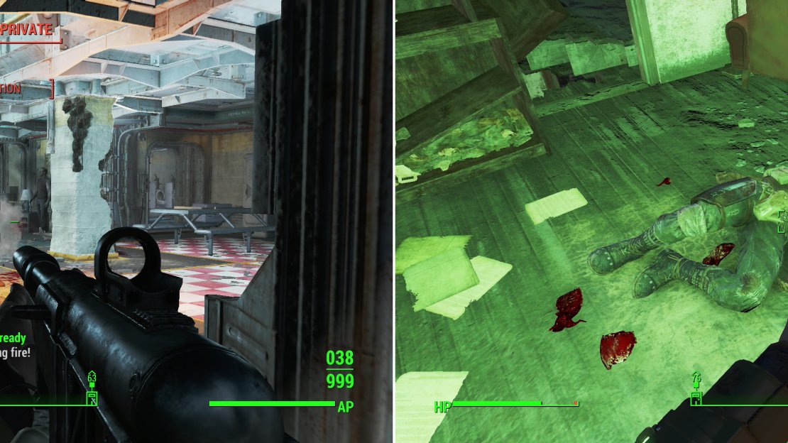 You’ll have to fight your way through a host of Gunners, who have made Vault 95 their stronghold (left). Kill the Gunner Commander in the training yard to obtain his Vault 75 Lab Access Card (right)