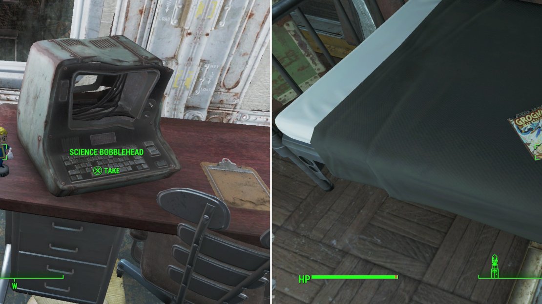 In an office overlooking the training yard you’ll find the Science Bobblehead (left). The Overseer was apparently a fan of Grognak the Barbarian (right).